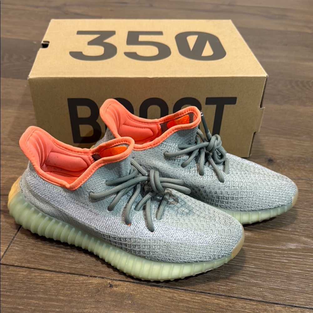 Adidas Yeezy 350 Boost Sage Green and Orange Sneakers with Primeknit